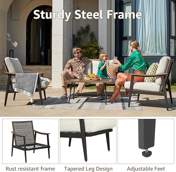 NATURAL EXPRESSIONS 6 Pieces Patio Furniture Set, Outdoor Furniture Sofa Sectional Modern Metal Patio Conversation Set with High Back Wicker Backrest & Loveseat for Balcony, Backyard, Deck, Porch