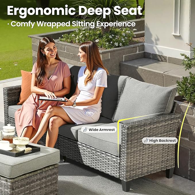 ovios 6 Pieces Patio Furniture Set with 42" Fire Pit Table, Outdoor Wicker Sofa with Comfy Cushions, All Weather High Back Rattan Couch Conversation Set, Dark Grey