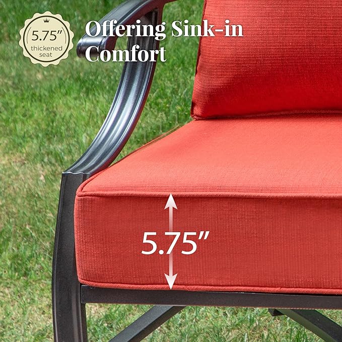 Patio Furniture Set, 4 Pcs Metal Outdoor Conversation Set, 2 Rocking Chairs and 3 Seater Sofa with 5.75" Extra Thick Cushion and Gas Fire Pit Table for Backyard Deck, Red