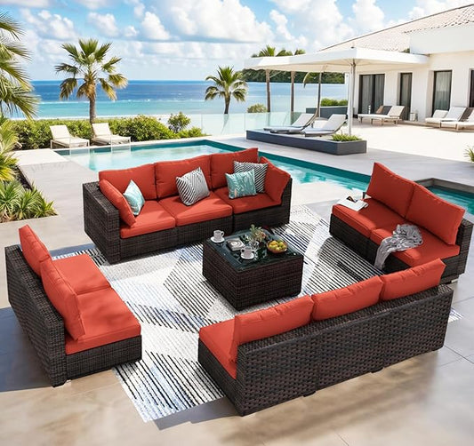 11 Piece Patio Furniture Set All Weather PE Rattan Outdoor Sectional Sofa Couch with No-Slip Cushions and Glass Top Table for Garden, Poolside, Backyard (Red)