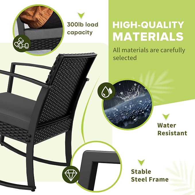 Homall Patio Furniture Set 3 Piece Resin Outdoor Bistro Set Rocking Patio Chairs with Cushions and Table for Porch, Poolside, Balcony and Yard (Grey) - Image 2