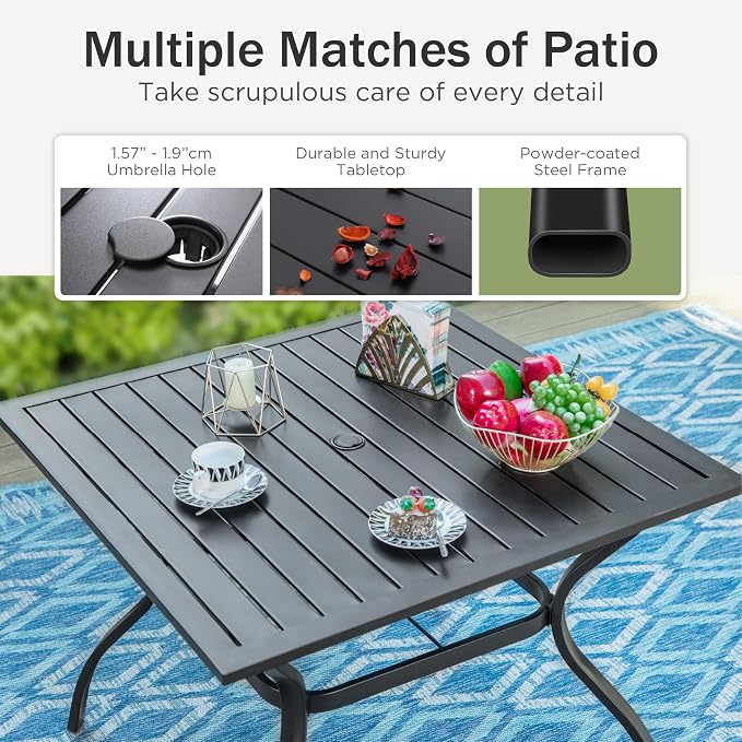 PHI VILLA 5 Pieces Outdoor Dining Set for 4, 37" Square Black Metal Table with Umbrella Hole & Wrought Iron Chairs, All Weather Large Outside Furniture with Cushions & Pillows for Patio, Deck, Porch - Image 6