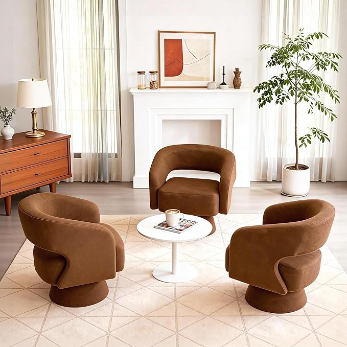 ClinQ Swivel Barrel Accent Chair, Oversized Chenille Fabric Upholstered Round Swivel Chairs Set of 3, Modern Luxury 360° Living Room Vanity Chair for Bedroom Office&Living Room, Orange