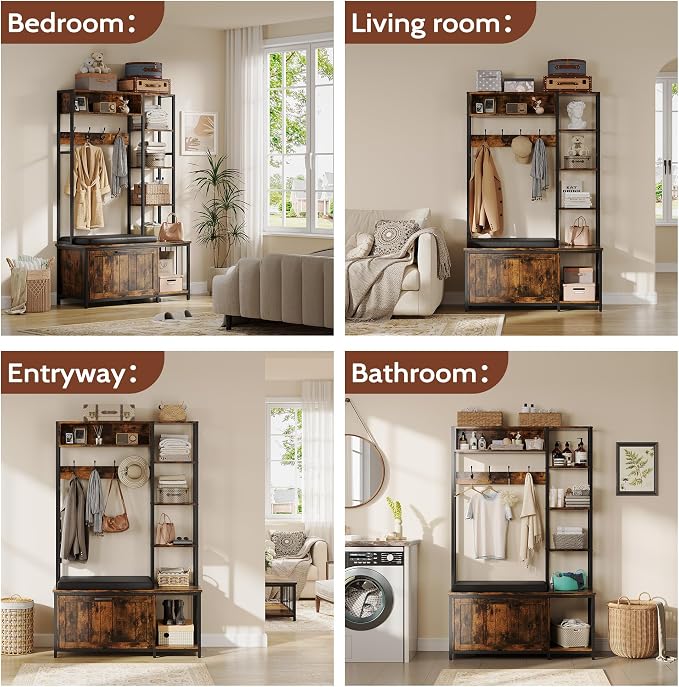 Hall Tree Coat Rack, Hall Tree With Bench and Shoe Storage Shoe With, Mud Room Storage Furniture，39.37 X 15.74 X 69.69 Inches, Brown - Image 8