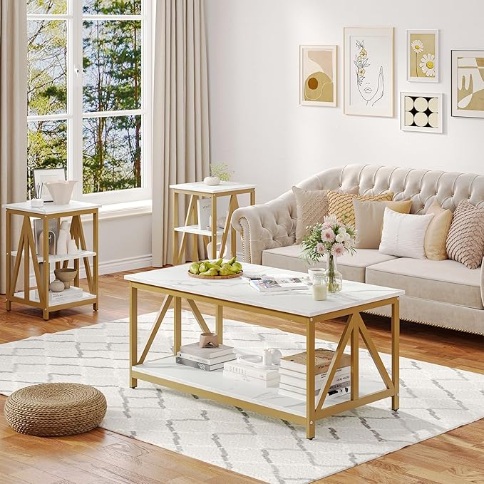 Bigbiglife Living Room Coffee Table Set of 3, Industrial X-Design Coffee Table and 2 End Side Tables, 3 Piece Living Room Table Set with Large Storage for Apartment Home (Marble White)
