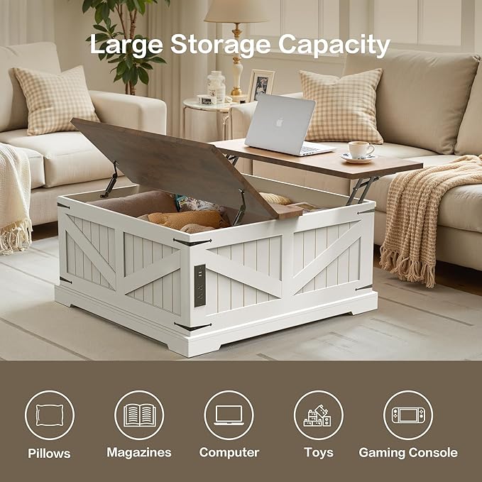 36" Lift Top Coffee Table with Storage and Charging Station, Farmhouse Square Coffee Table with Hidden Compartment, Adjustable Laptop Desk for Living Room, USB Ports and Outlets