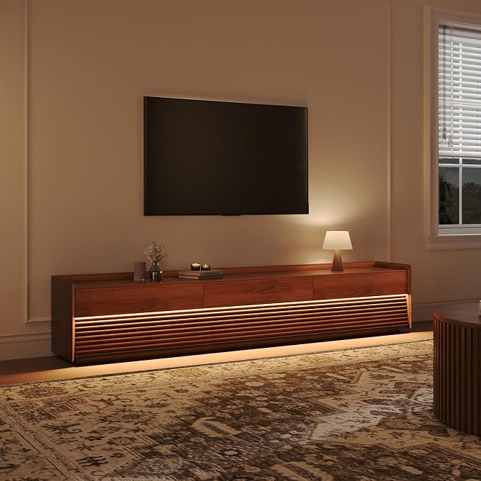 POVISON Fully-Assembled Mid Century Modern TV Stand, 94.49" Wood Media Console with Adjustable LED Light, Entertainment Center with Storage for Living Room - Image 3