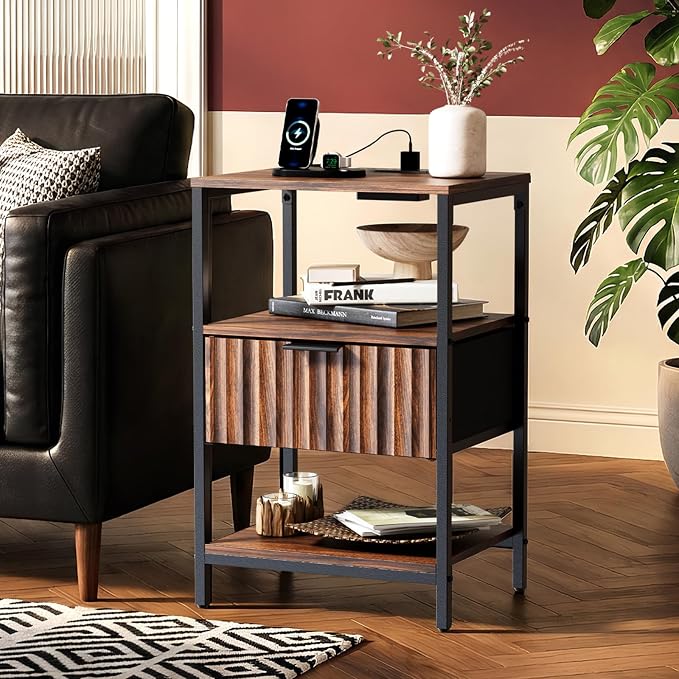 Bonnlo Fluted Nightstand with Charging Station, End Table with Fabric Drawer, Night Stand with Storage Shelf & Handle, Fluted Side Table for Bedroom/Living Room,Walunt - Image 9