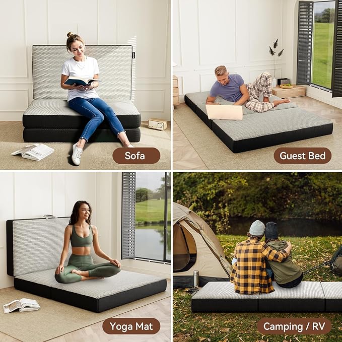 ROXGOX Memory Foam Trifold Mattress, Queen Portable Floor Bed 6 Inch, Foldable Mat with Washable Cover, Handle & Non-Slip Bottom, for RV, Travel, Camping, Yoga, 78"x58"x6", Grey