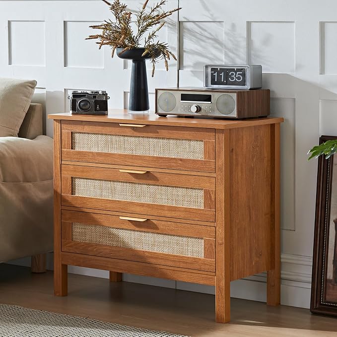 LEYAOYAO 31.5" Wide Rattan Nightstand, Large Boho 3 Drawer Night Stand, Tea Brown Bedside Table with Storage, Tall Bed Side End Tables, Chest of Drawers Dressers for Bedroom, Living Room, Hallway - Image 3