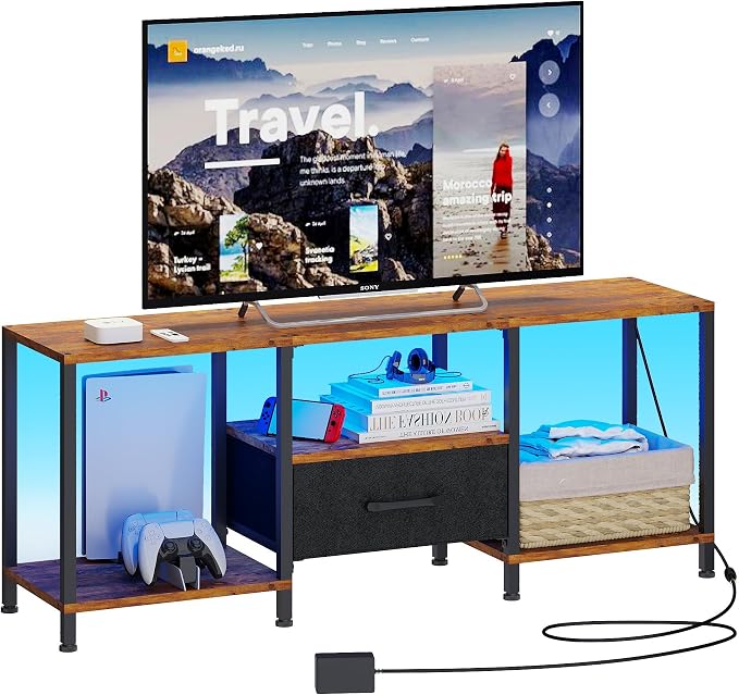JARHETUN TV Stand with LED Lights, Entertainment Center with Open Shelves and Fabric Drawer, Media Console for 55 Inch TV, Television Stands, Living Room Furniture, Bedroom, Rustic Brown by JARHETUN