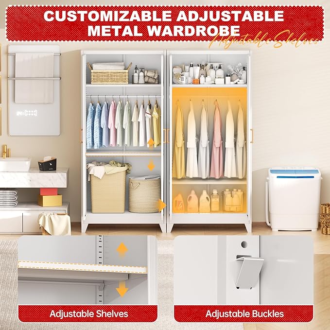 Superday Metal Wardrobe Closet, 72" H Bedroom Armoires with Wooden Handle, Storage Cabinet with Adjustable Shelves and Hanging Rods, Steel Storage Locker Closet for Home, Office, Employee, Gym (White)