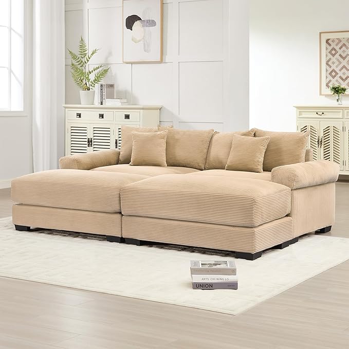 KEIKI 83" Oversized Corduroy Modular Sectional Loveseat Sofa with 2 Ottoman, High-Density Foam Cushion, Extra-Thick Armrest, Modern 2-Seater Fluffy Corner Couch with 6 Pillow, for Living Room, Camel