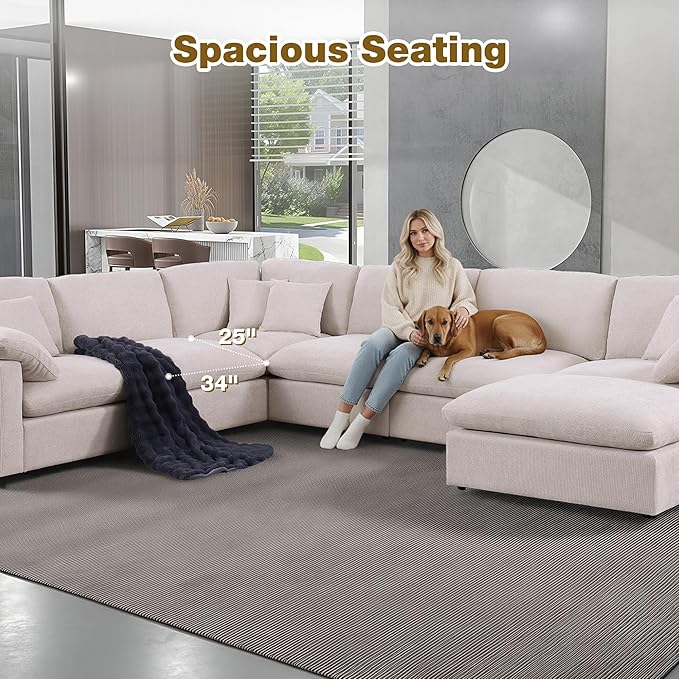 144-Inch Oversized L-Shaped Corner Sectional Cloud Sofa,Modern 7 Seat Modular Cloud Sofa Luxury Convertible Couch with 6 Pillows and Movable Ottoman for Living Room