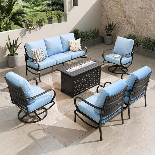 PHI VILLA Patio Furniture Set with Fire Pit Table, 1 3-Seat Patio Sofa, 2 Swivel Chair, 2 Leg Chair, 1 Fire Pit Table, 5.75" Thick Cushioned Outdoor Conversation Set for Deck Backyard Lawn, Light Blue