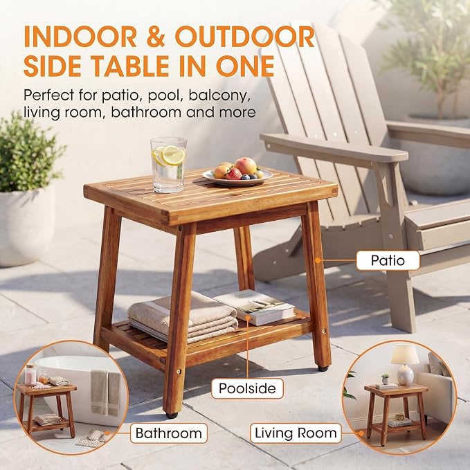 ENKEZI Small Acacia 16 Inches Outdoor Side Table, 2-Tier Sturdy Patio, End Table Weather Resistant, Strong Stability Side Table for Patio, Pool, Porch, Teak Finish (Small) - Image 7