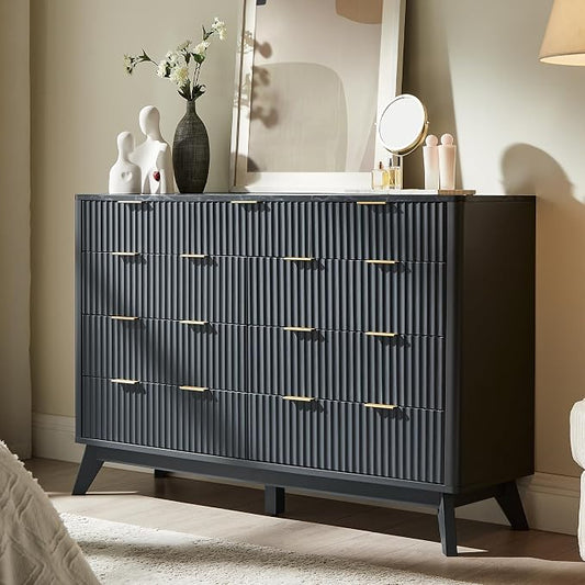 T4TREAM Fluted 9 Drawers Dresser, 54" Wide Modern Chest of Drawers with Faux Marble Top, Curved Profile Design, Dresser TV Stand, Wood Drawer Organizer for Bedroom, Living Room, Hallway, Dark Grey by T4TREAMFurniture