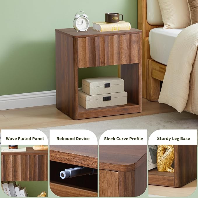 Bifins Fluted Dresser, Small Nightstands Set of 2, Walnut Bedside Table with Drawer and Storage, Mid Century Modern Side Table for Bedroom Sofa - Image 6