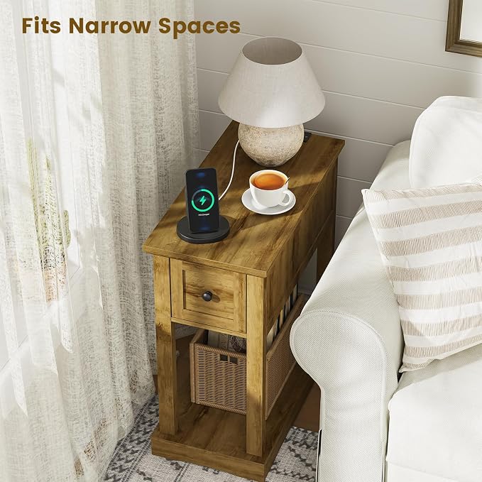 Farmhouse Nightstand with Charging Station, Side Table with Storage, Thicken Base, for Bedroom, Brown - Image 9