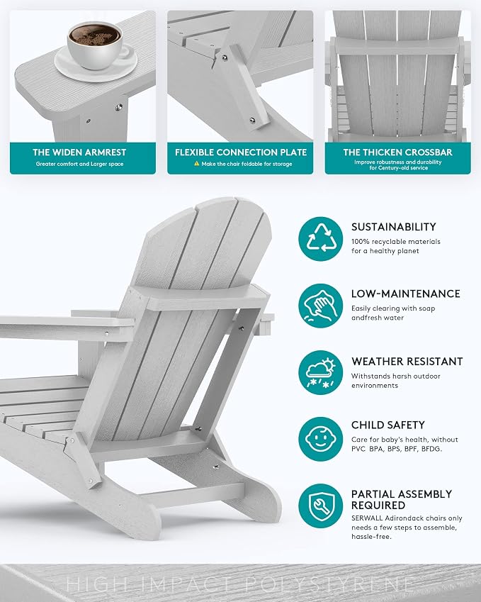 SERWALL Folding Adirondack Chair Set of 4, Weather Resistant HIPS Patio Chairs with Cup Holder for Garden Outdoors Fire Pit- Spanish Gray - Image 5