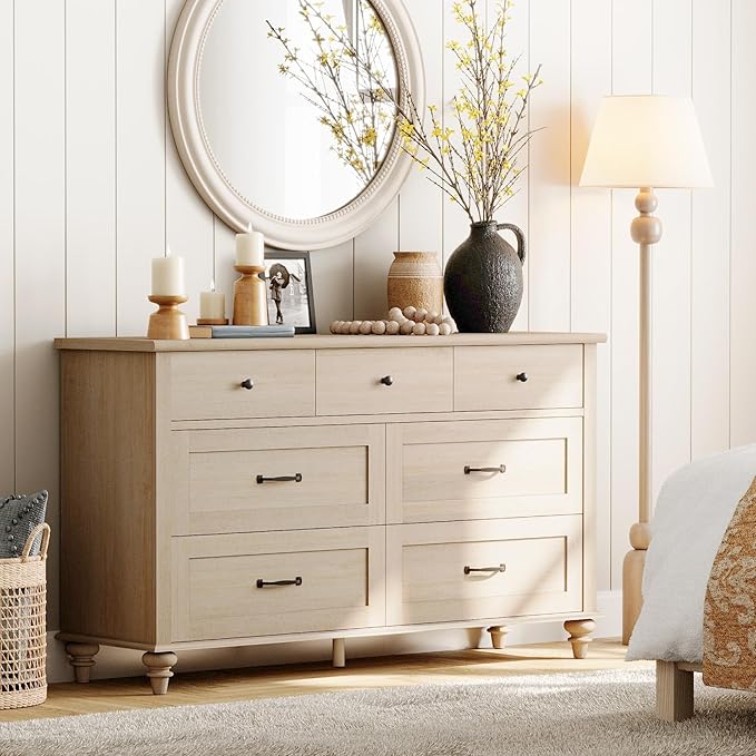 WAMPAT 3 Piece Bedroom Set - Includes Farmhouse 7 Drawer Dresser, Set of 2 End Tables with Charging Station & Storage Cabinet, 3 Piece Dresser and Nightstand Sets, Beige