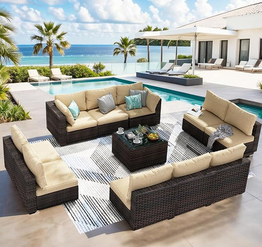 11 Piece Patio Furniture Set All Weather PE Rattan Outdoor Sectional Sofa Couch with No-Slip Cushions and Glass Top Table for Garden, Poolside, Backyard (Beige)