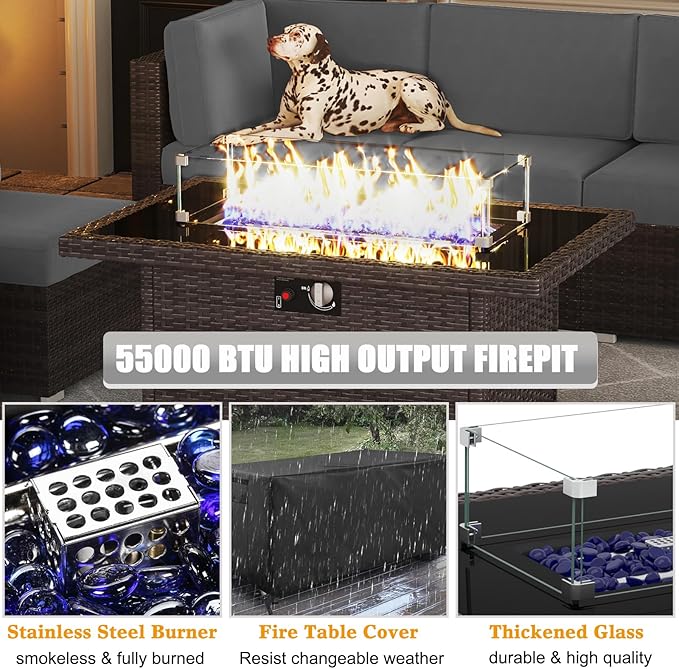 LayinSun 7 Pieces Outdoor Patio Furniture Set with 44" Fire Pit Table Brown Rattan Sectional Sofa Conversation Sets