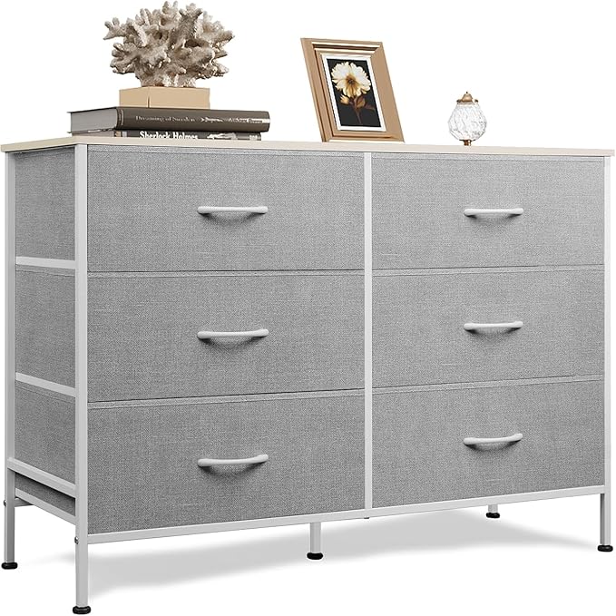 WLIVE Dresser for Bedroom with 6 Drawers, Wide Dresser TV Stand for 50 Inches TV with Metal Frame, Wooden Top, Chest of Drawers, Fabric Dresser for Living Room, Hallway, Light Grey by WLIVE