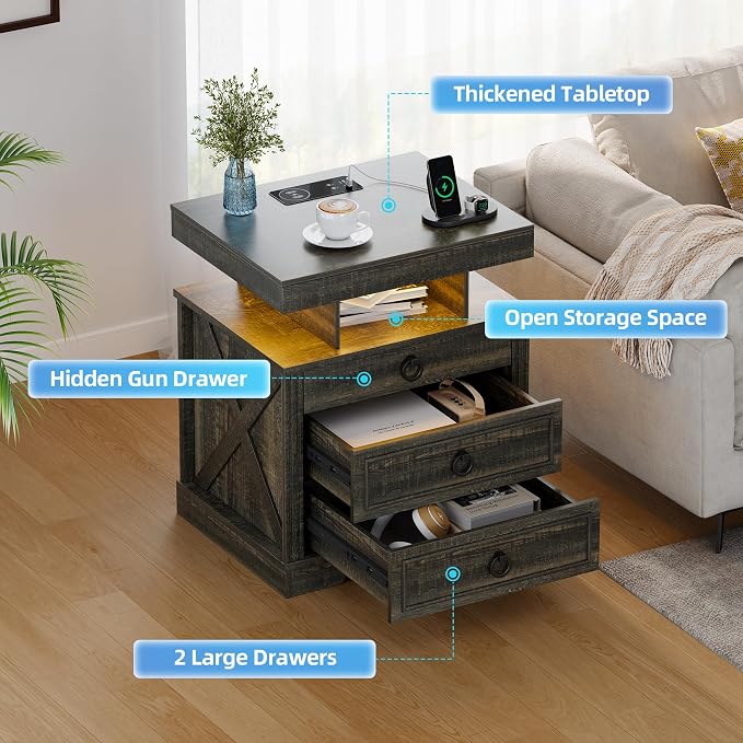 Nightstand Set 2 with Gun Drawer,LED Bedside Table with Charging Station,Night Stand with Human Sensor Design and 3 Open Shelves, Modern End Tables Bedroom, Brown - Image 7