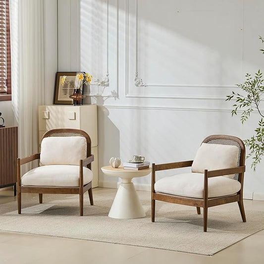 Christopher Knight Home Nadine Modern Club Chair Set of 2 with Cushion, Wooden Living Room Accent Chair with Rattan Open Back, Bedroom Comfy Reading Chair, Beige+Light Brown