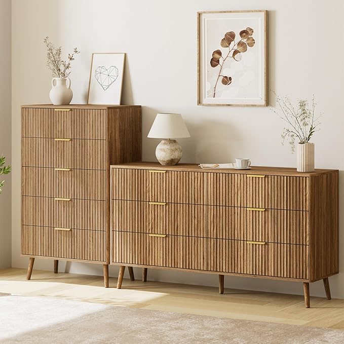 LYNSOM Fluted Dresser and Nightstand Sets 4 Piece, 2-Drawer Nightstands and 5/6 Drawers Dresser, Wood Bedroom Furniture Set for Home, Bedroom, Hallway, Walnut