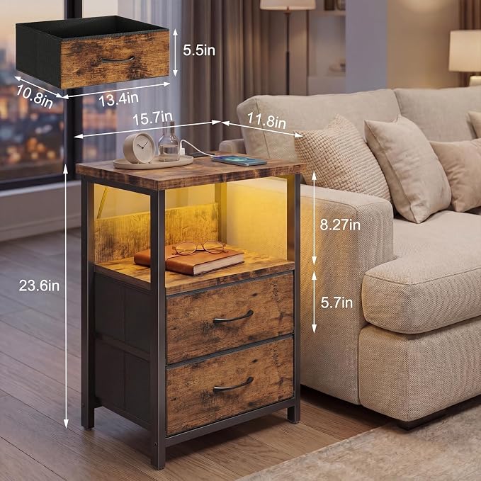 Fixwal Night Stand with Charging Station, LED Nightstand with U-S-B Ports and Outlets, 2 Fabric Storage Drawers with PU Finish, Bedside Table, Rustic Brown - Image 3