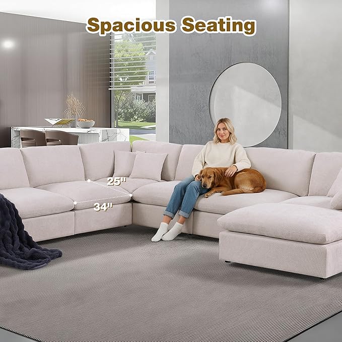 144-Inch Oversized L-Shaped Symmetrical Sectional Cloud Sofa,Modern 8 Seat Modular Cloud Sofa Luxury Convertible Couch with 6 Pillows and Movable Ottoman for Living Room