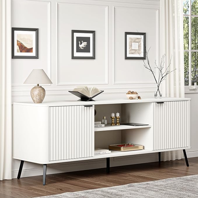 Fatmok TV Stand, 58" Modern Media TV Console Table with Storage for 55/60/65 inch TV, Mid Century Entertainment Center with Fluted Door Cabinets and Open Shelves TV Cabinet for Living Room, Bedroom - Image 3