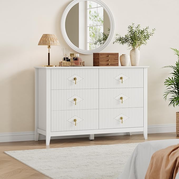 GarveeHome Fluted Dresser for Bedroom, 47.2 Inch Wide 6-Drawer Wood Dresser, Modern Chest of Drawers, Storage Organizer Cabinet for Living Room, Hallway, Entryway, White - Image 7