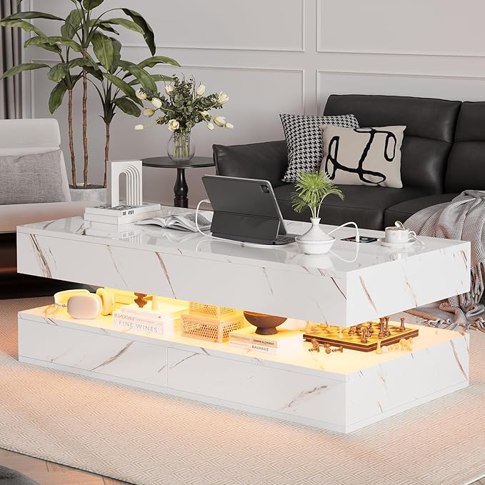 47" Modern LED Coffee Table with 2 Drawers, High Glossy Double-Layer Center Table with Wireless Charging and Built-in Bluetooth Speaker Smart Table for Living Room with Marbling White