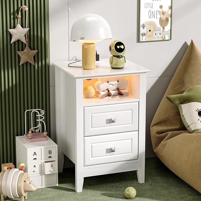 Bonnlo White Nightstand Set of 2 with Charging Station & Led Lights Night Stands White Bedside Table, Wooden Nightstands with Drawers, Modern Nightstand for Bedroom, 15.75" W*13.78" D*23.62" H - Image 7