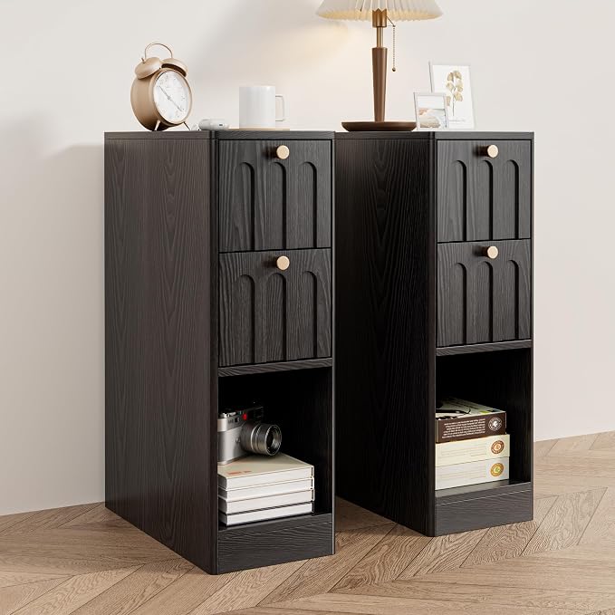 Black Small Nightstand Set of 2, Narrow Bedside Table with Arched Drawer, Wood Nightstand, Skinny Side End Table, Mid Century Modern Night Stand for Bedroom, Small Spaces, Slim, Boho by Jluomei