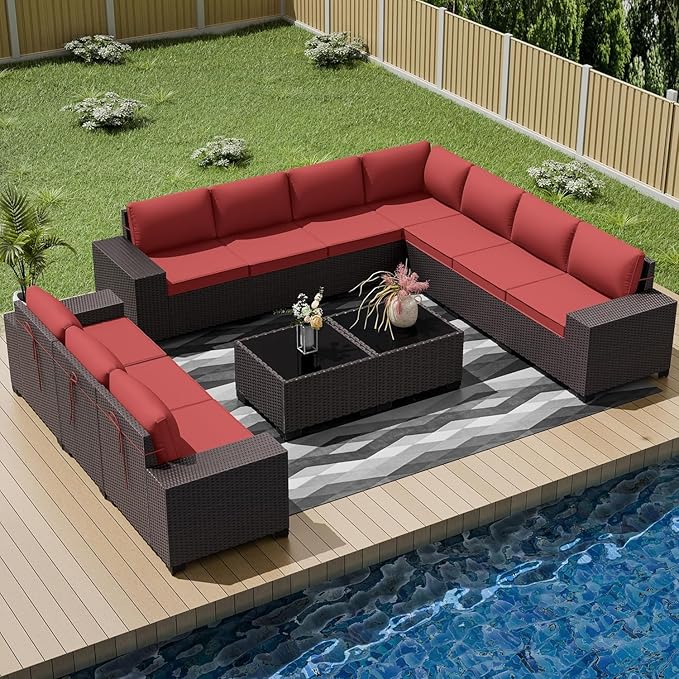 12 PCS Outdoor Patio Furniture Set,Outdoor Sectional Furniture All Weather PE Rattan Wicker Patio Conversation Set with 2 Coffee Tables and 10 Thickened Cushions,Red