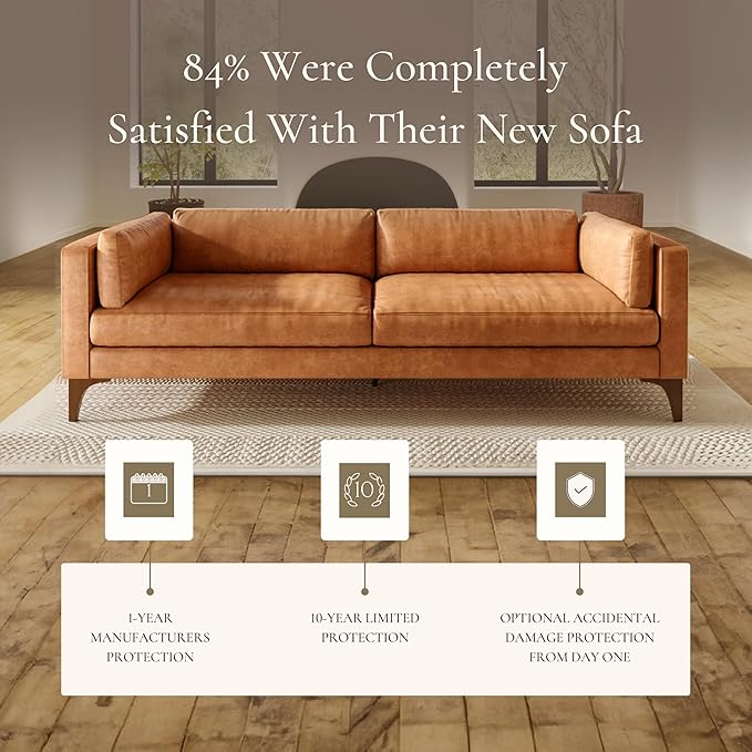 POLY & BARK Argan 93” Leather Sofa – Full-Grain Italian Aniline Leather, Feather-Down Comfort, Solid Wood Frame – Cognac Tan