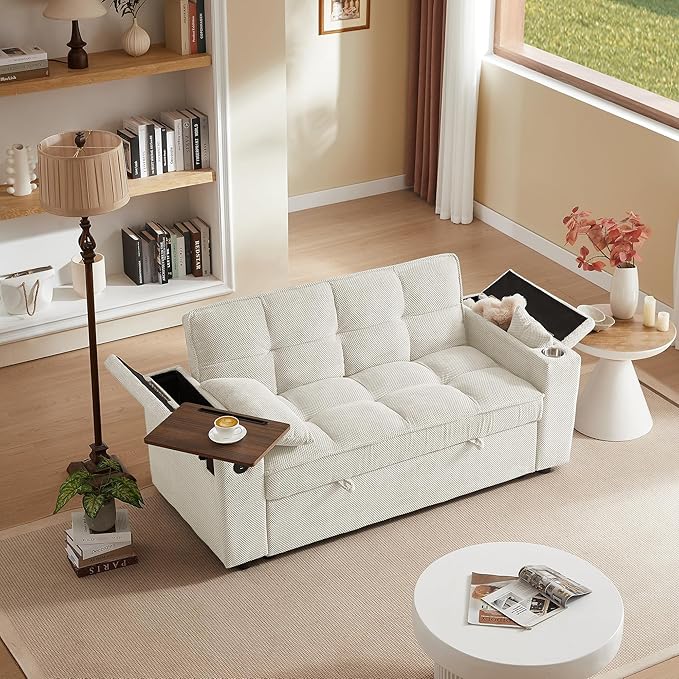 Eafurn 3 in 1 Convertible Sleeper Sofa Couch Bed,Padded Futon Loveseat Couch with Pull-Out Bed, 65" Oversized Recliner Loveseat Lounge Chaise w/Storage Armrest,USB, Side Table and Cupholders