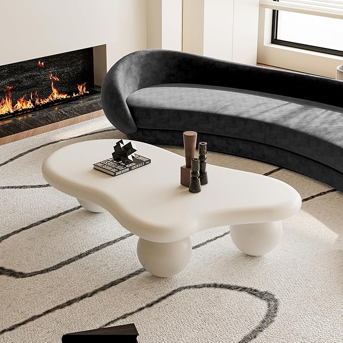 47.2” Cloud Coffee Table with 3 Ball Legs, Modern Irregular Center Table for Living Room, Low Cute Small MDF Tea Table for Bedroom, Space Apartment Cream White