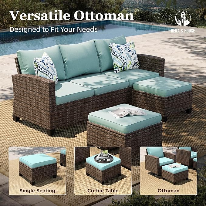 HERA'S HOUSE Wicker Patio Furniture Set with Fire Pit Table, 6 Pieces Outdoor Seating Furniture with Thick Cushions, 7 Seats Patio Conversation Sofa Sets, Blue