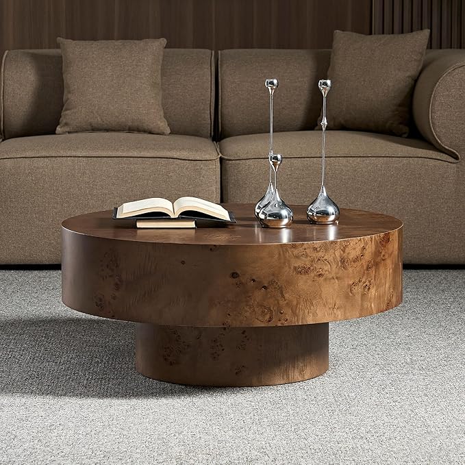 Round Coffee Table for Living Room,31.49" Modern Circle Drum Center Table with Burl Wood Veneer & Sturdy Pedestal,Small Wooden Circular Coffee Table for Apartment,Easy Assembly (Walnut)
