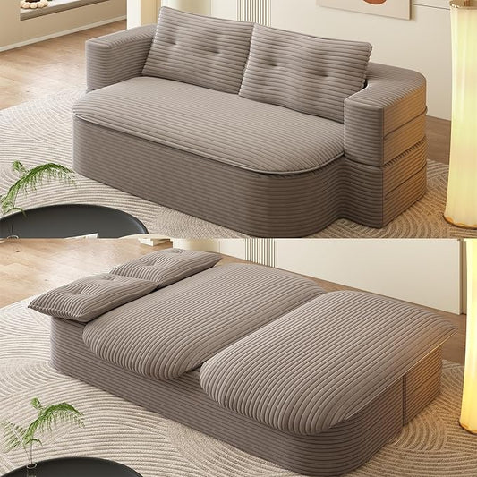 78.7" Convertible Sofa Bed, 2-in-1 Folding Floor Couch with 2 Pillows and Blanket, Plush Corduroy Fabric Sleeper Sofa for Living Room and Bedroom, No Assembly Required (Coffee)