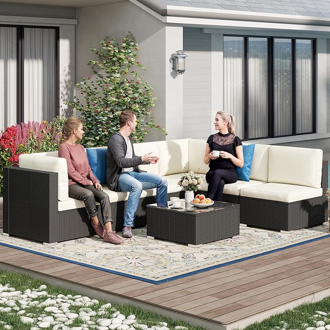 DWVO 7-Piece Patio Furniture Set, All-Weather PE Rattan Wicker Outdoor Sectional Sofa with Soft Cushions & Coffee Table, Patio Conversation Set for Backyard, Garden, Porch, Balcony (Beige+Black)