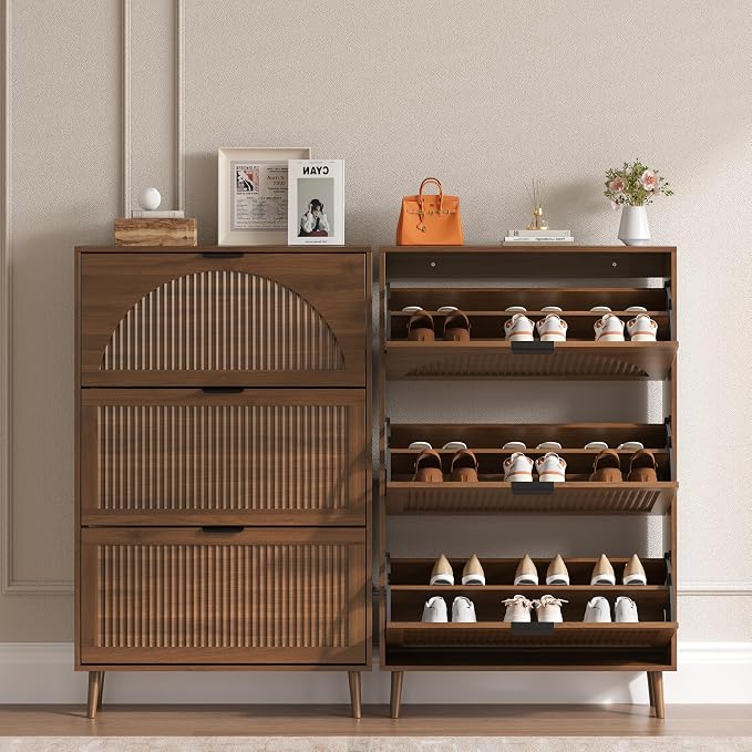 BORNOON Shoe Cabinet for Entryway with 3 Flip Drawers, Slim Wooden Shoe Storage Organizer with Modern Fluted Pannel，Freestanding Narrow Hidden Shoe Rack for Hallway, Foyer, Living Room - Image 4