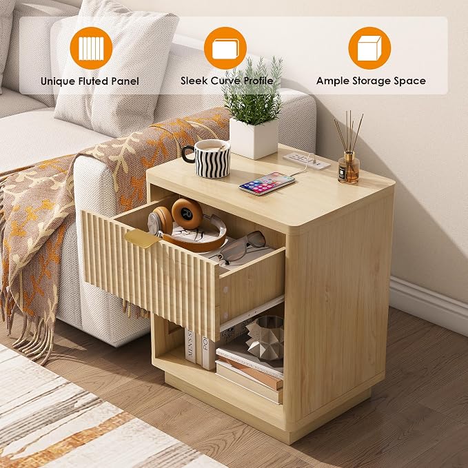 Nasonet Fluted Nightstand Charging Station,Wood Modern Night Stands Storage Cabinet for Bedroom,Oak Bedside Table with Drawers - Image 7