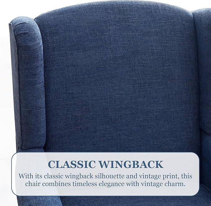HUIMO Printed Wingback Accent Chair, Linen Upholstered High Back Armchair, Comfy Reading Chair for Living Room Bedroom Study, 300lbs Weight Capacity (2, Navy Blue)