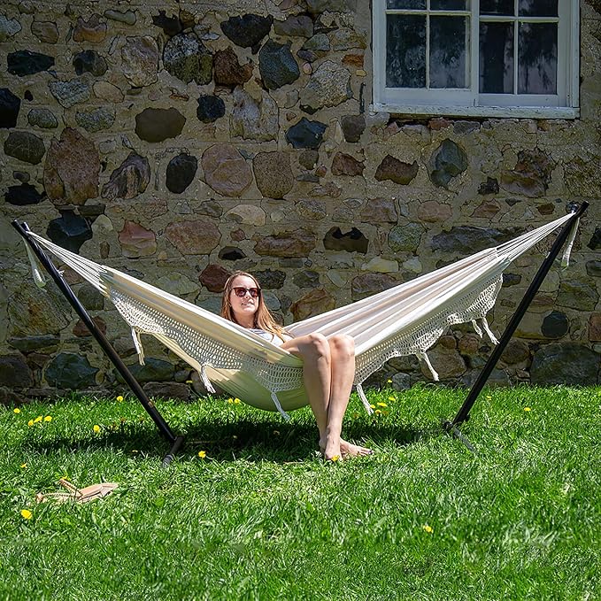 Vivere Double Cotton Hammock with Space Saving Steel Stand, Upgraded Polyester End Strings 450 lb Capacity - Premium Carry Bag Included - USA Grown Cotton (Natural) - Image 5